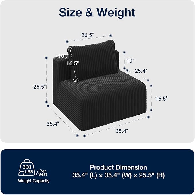 Avenco 35.4” Armless Modular Sofa Seat, Individually Wrapped Coil Support &