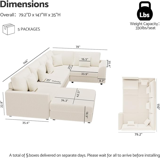 146" Modular Sectional Sofa, Oversized U Shaped, Convertible Sleeper Sofa
