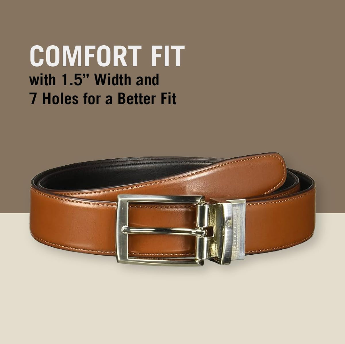 Perry Ellis Men's Portfolio Amigo Reversible Leather Belt, Stitched Edges, Durable, 1.5” Width (Available in Big & Tall), Luggage Brown, 34