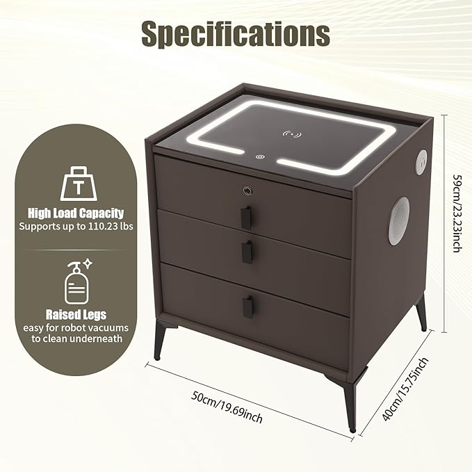 Smart Nightstand with Charging Station, Adjustable LED, USB Ports, Fingerprint