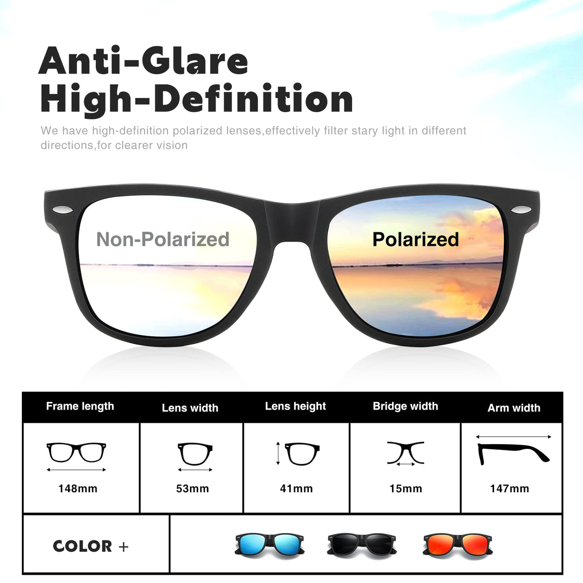 DEMIKOS Sunglasses Unisex Polarized Mens Sunglasses - Essential for Daily Life and Travel Mens Sunglasses (heihui+binlan+heibai), Blue, Medium
