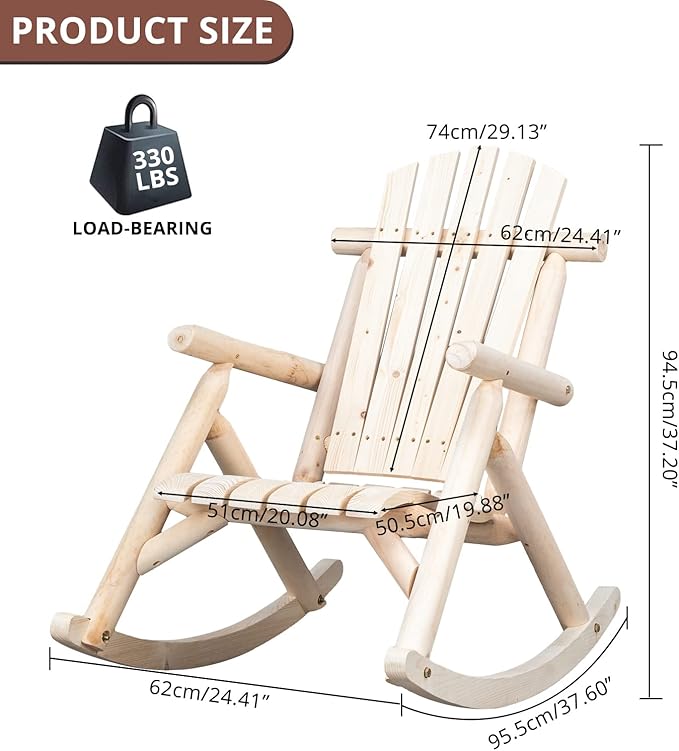 Outvita Wooden Rocking Chair Set of 2, Fir Log Adirondack Rocker, Outdoor Wood