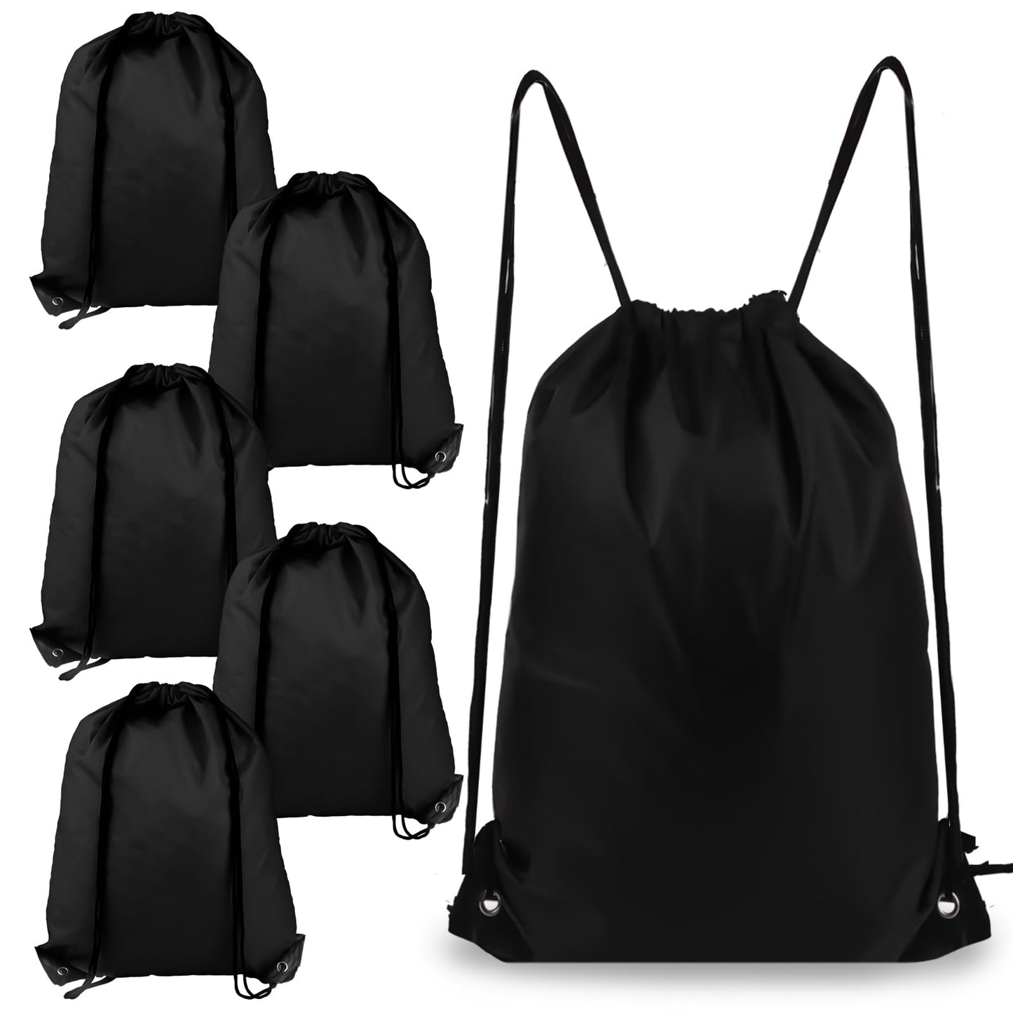 COIDEA 6Pcs Drawstring Backpacks, Medium, Black, Sports, Gym, Travel, Swimming, Beach (CBT6809-HSCSBB-X6)