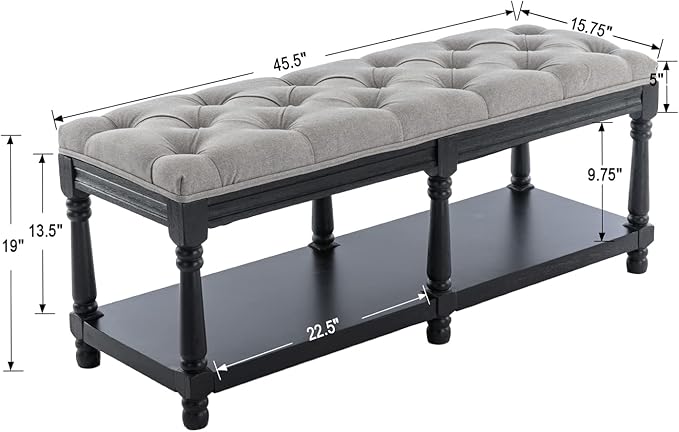 Farmhouse Storage Bench Wooden Entryway Linen Upholstered Ottoman Button Tufted