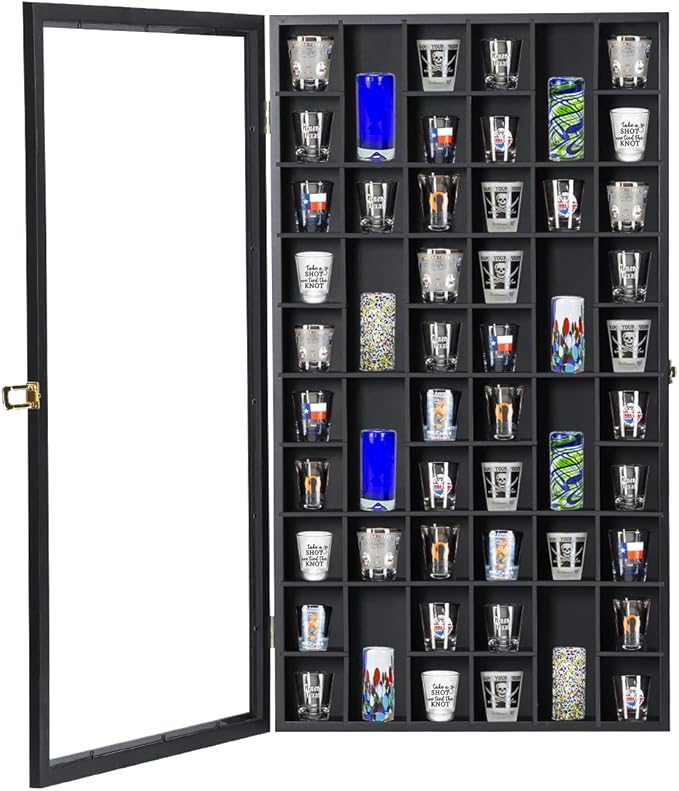Shot Glass Display Case Large Wooden Cabinet Rack Holder Wall Mounted Black