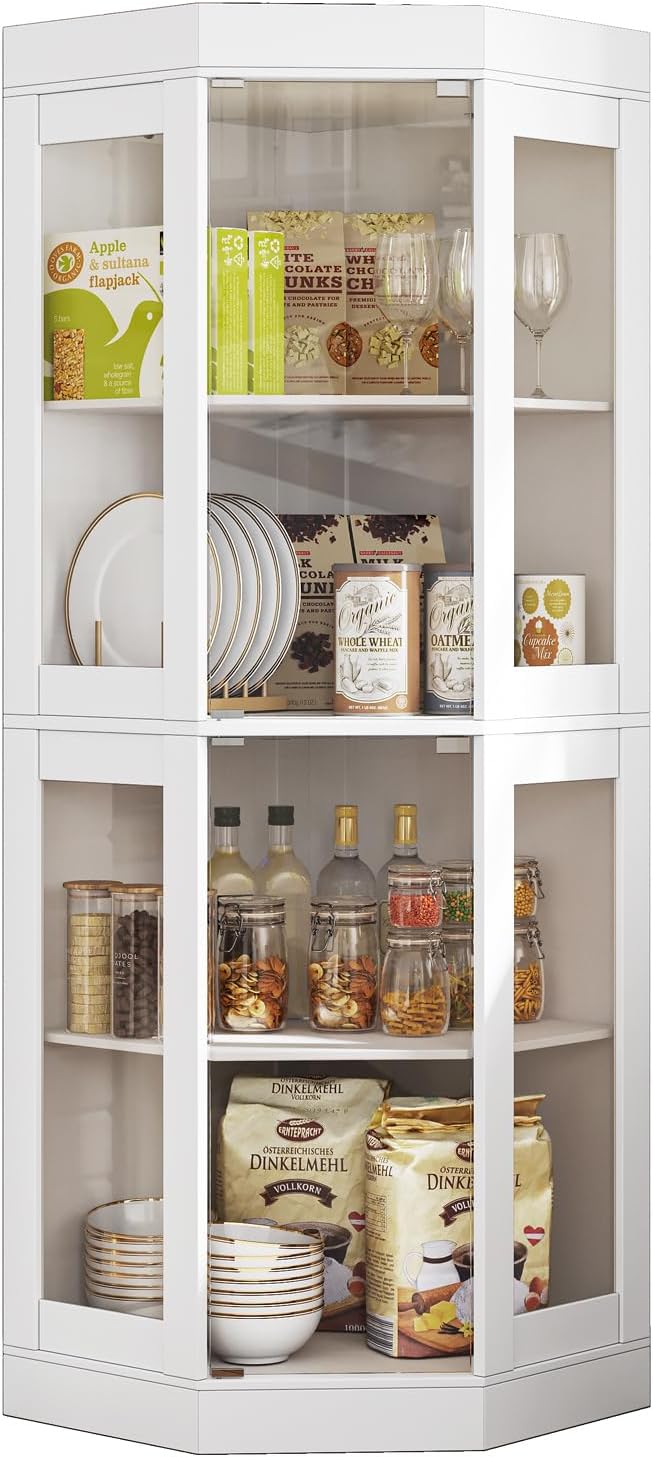 70''H Tall Corner Cabinet with Glass Doors, Farmhouse Storage Cabinet with 4