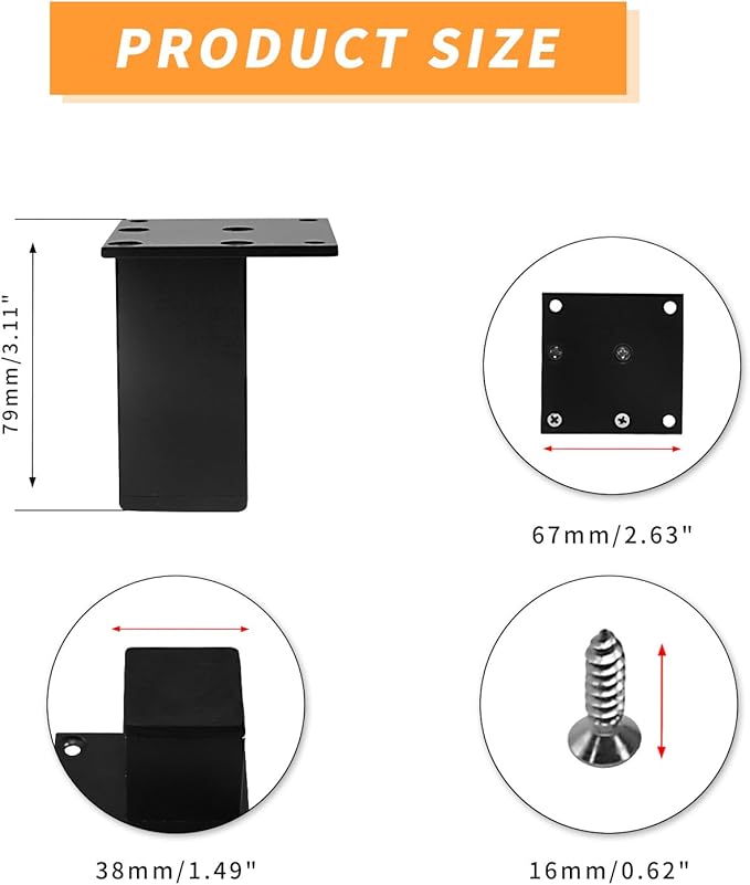 4Pcs 3Inch Metal Furniture Legs, Square Metal Cabinet Support Foot