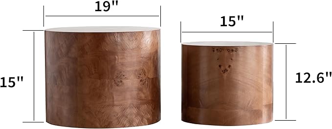 Round Nesting Coffee Table Set of 2, Modern Wooden Circle Burl Accent Tables