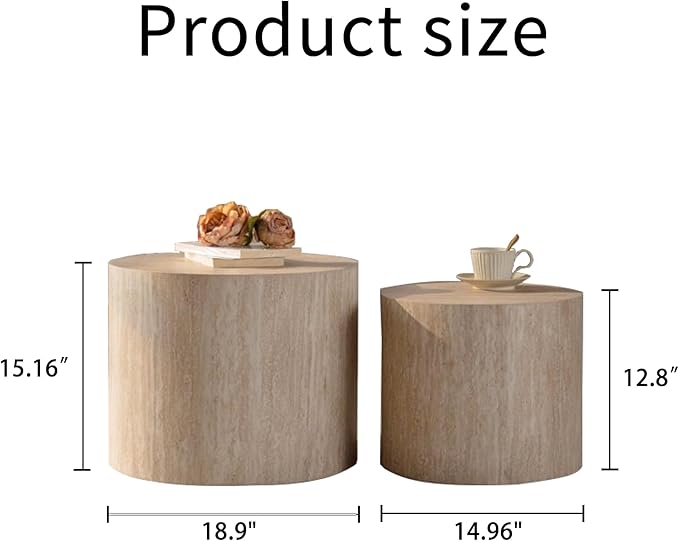 Round Wooden Nesting Coffee Table Set of 2, Circle Modern Accent End Side Table