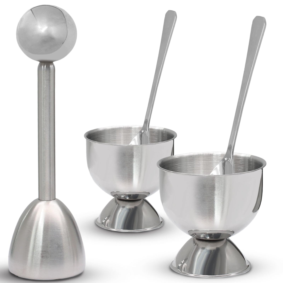 vibedor Egg Cups & Cracker Set of 5, 1 Stainless Steel Egg Topper Cutter - 2 Egg Holders for Soft Boiled Eggs - 2 Egg Spoons for Boiled Eggs
