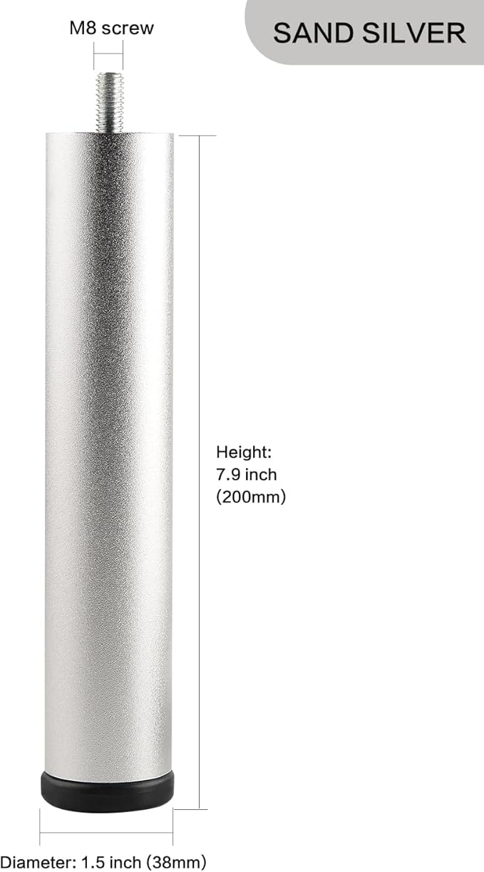 Adjustable Furniture Legs 8 Inch Silver Bed Support Legs Cylinder M8 Screw in