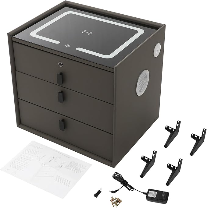 Smart Nightstand with Charging Station, Adjustable LED, USB Ports, Fingerprint