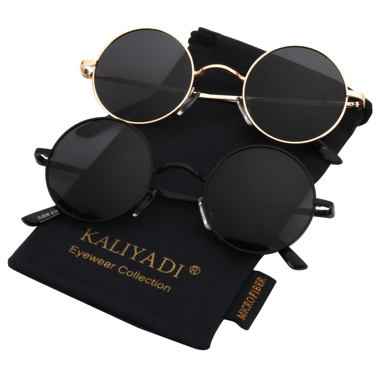 KALIYADI Round Polarized Sunglasses for Men Women Retro Metal Hippie Circle Style Sun Glasses UV Protection (2 Pack) 47mm
