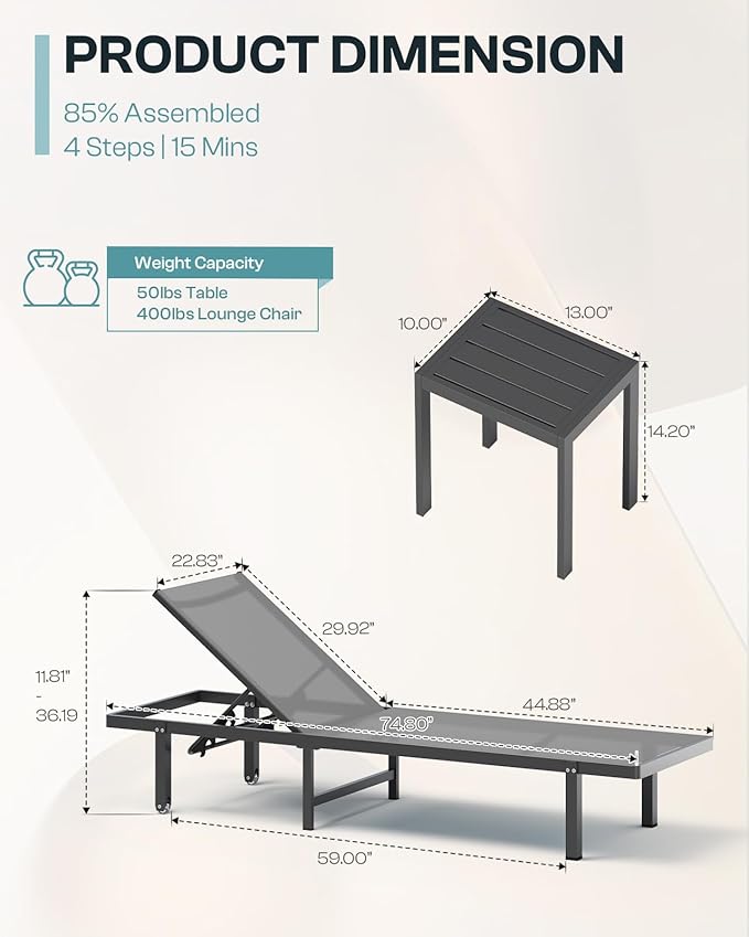 Aluminum Outdoor Lounge Chairs Set of 2, Pool Lounge Chairs