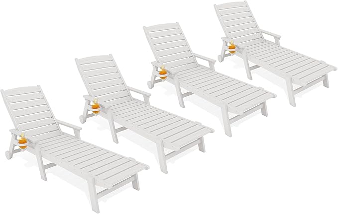 KINGYES HDPE Lounge Chair Outdoor Set of 4, Patio Chaise Lounge Recliner
