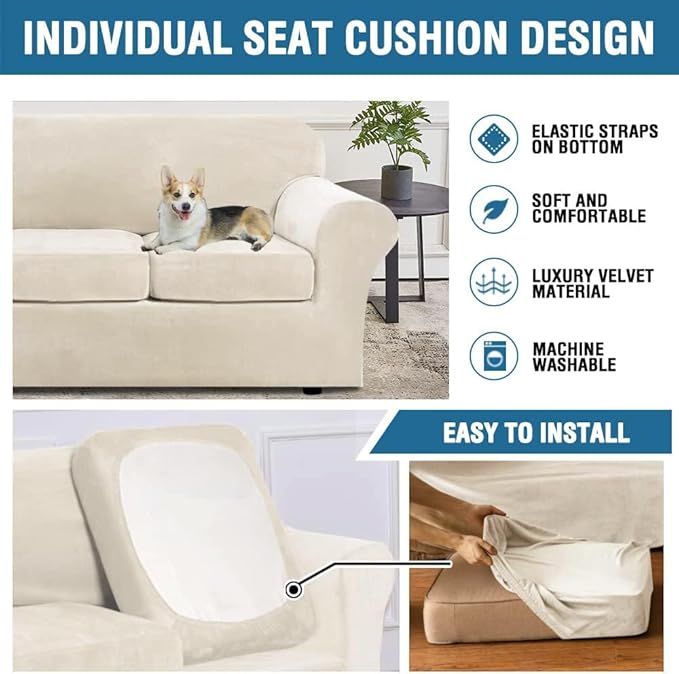 H.VERSAILTEX Modern Velvet Plush 4 Piece High Stretch Sofa Slipcover Furniture