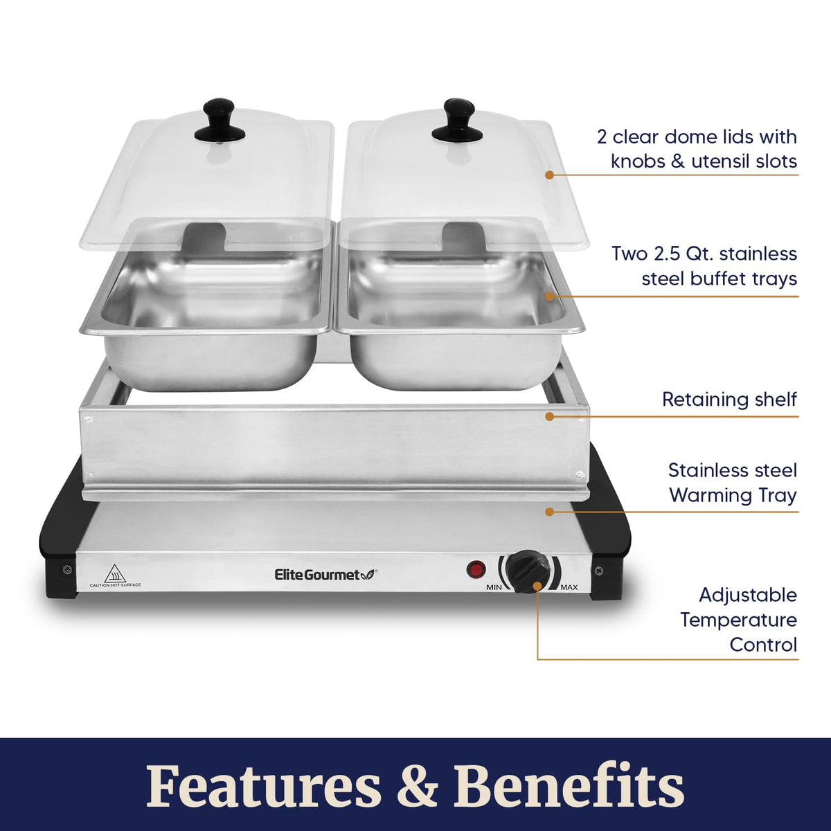 Elite Gourmet EWM-6122 Dual 2 x 2.5 Qt. Trays, Buffet Server, Food Warmer Temperature Control, Clear Slotted Lids, Perfect for Parties, Entertaining & Holidays, 5 Qt Total, Stainless Steel