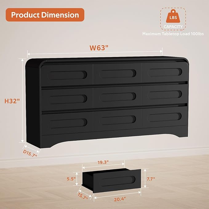 4 Piece Bedroom Set, Dresser and Nightstand Sets, Modern Wooden Large 9 Drawers
