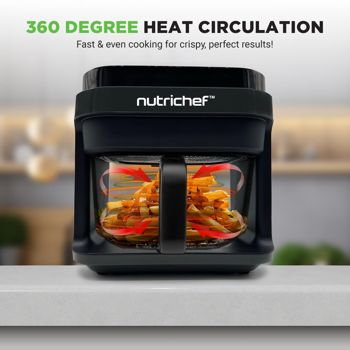 Nutrichef 5.8 Quart Air Fryer | 8-1 Preset Cook Modes | Transparent Fry Bowl for Best Cooking Results | Cook Shrimp, Steak, Fries, Wings, Chicken & More | Precise Temperature Control & Time | Grey
