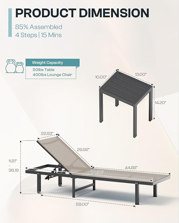 Outdoor Lounge Chairs Set of 2, Aluminum Pool Lounge Chairs