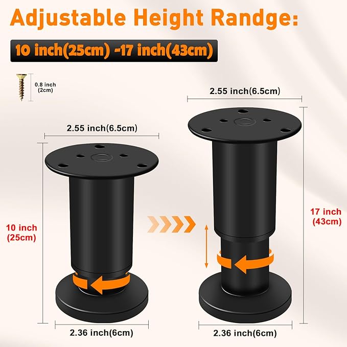 4 Pcs Adjustable Height Furniture Support Legs 10-17 inch, Metal Adjustable