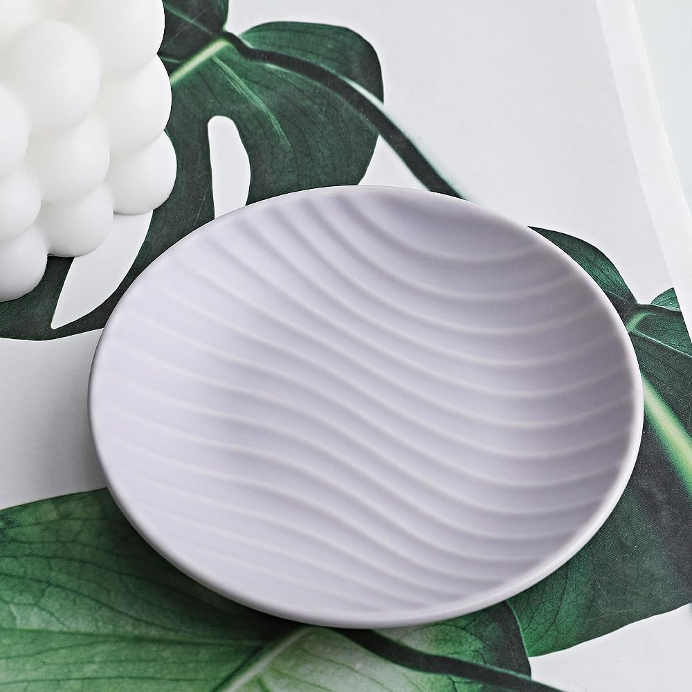 Chic Round Soap Dish, Modern Minimalist Striped Design Ceramic Tray(Purple)