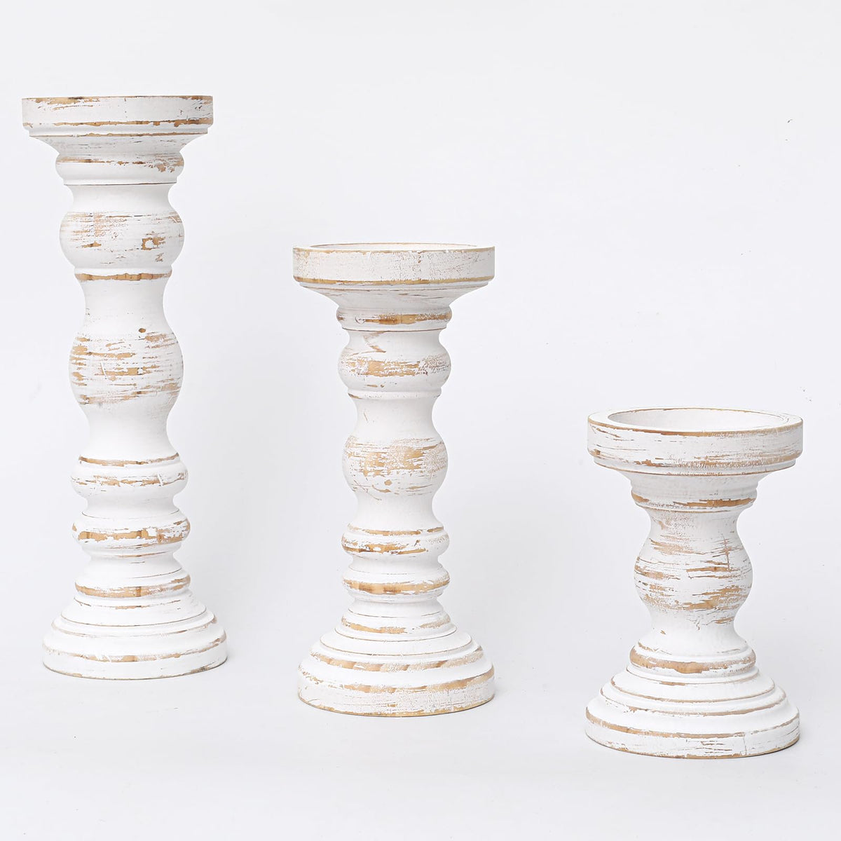 SWALLOWLIVING Rustic Farmhouse Wood Pillar Candle Holder Set of 3 for Candlestick, White