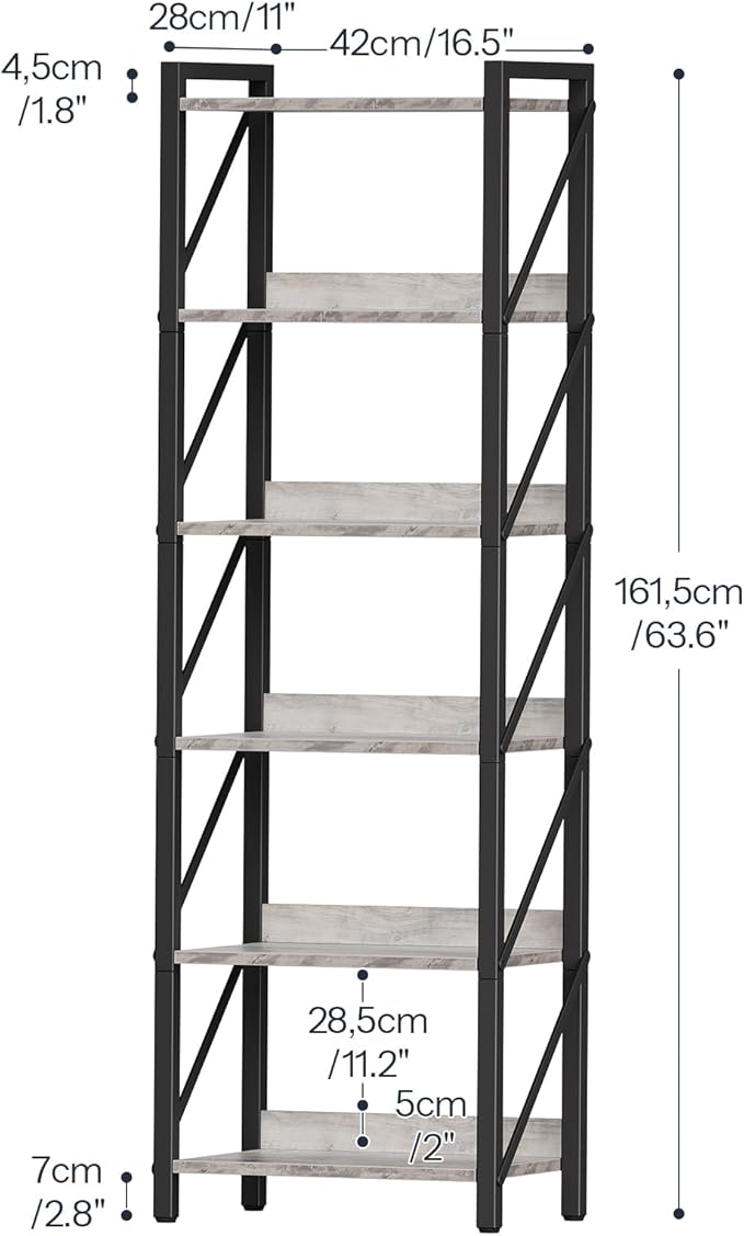 HOOBRO Bookshelf, 6-Tier Industrial Bookcase, Book Shelf Storage Organizer