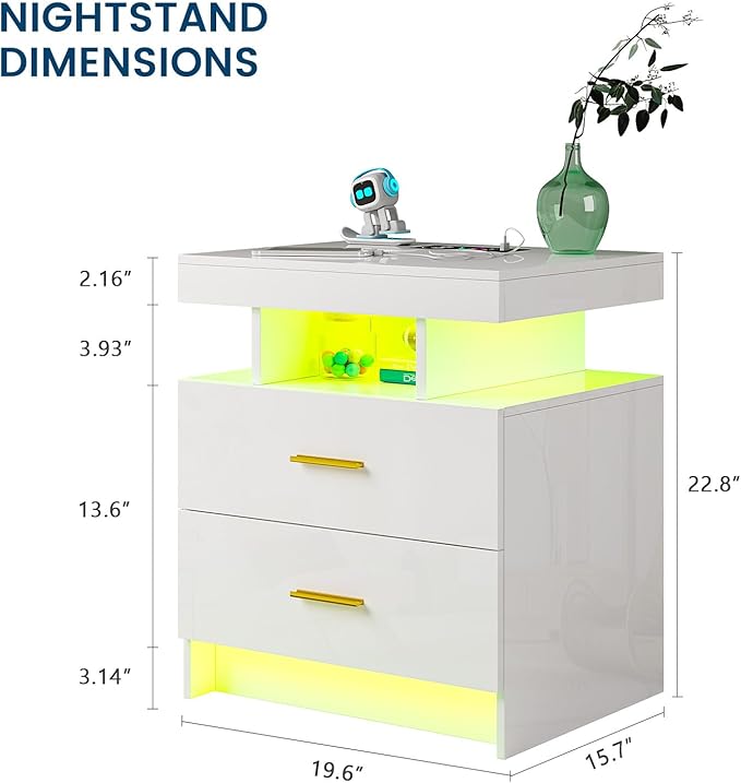 HNEBC Auto LED Nightstand with Wireless Charging Station & USB Ports, High