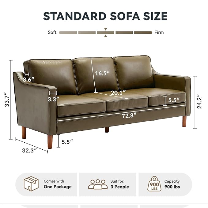 Kingfun 80" Faux Leather Sofa, 3 Seater Couch, Mid Century Modern Couches