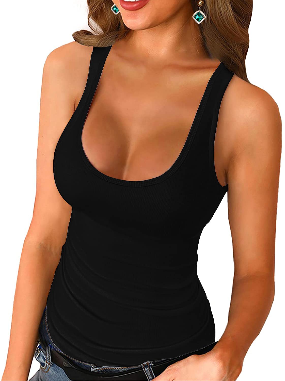Deerludie & T Womens Scoop Neck Ribbed Tank Tops Low Cut Solid Sexy Summer Sleeveless Henley Shirts U-Black S