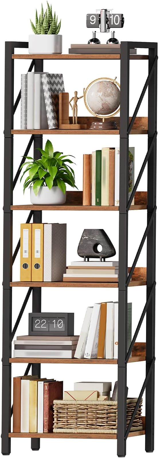 HOOBRO Bookshelf, 6-Tier Industrial Bookcase, Book Shelf Storage Organizer