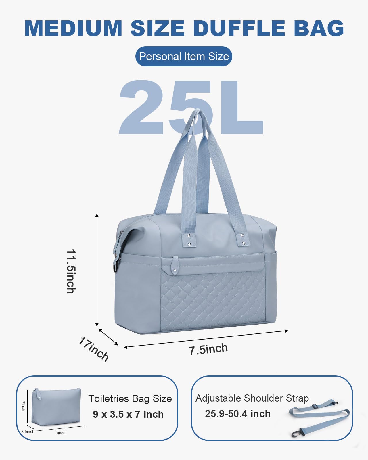 Pritent Travel Duffle Bag, Waterproof Weekender Overnight Hospital Bags for Women Men with Toiletry Bag Lightweight Personal Item Duffle Gym Bag for Travel, Airplanes, Sports(Blue, Medium)