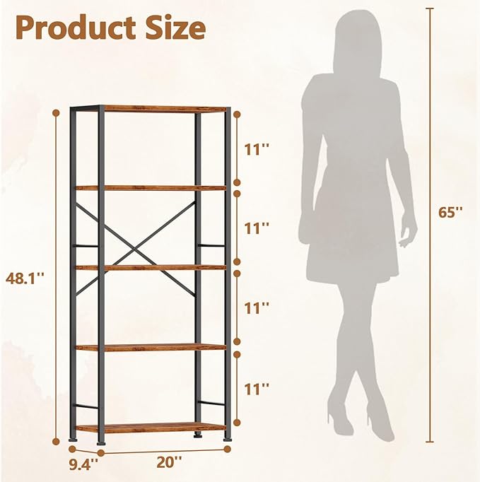 Furologee 5 Tier Book Shelf, Tall Wide Bookshelf, Industrial Open Bookcase