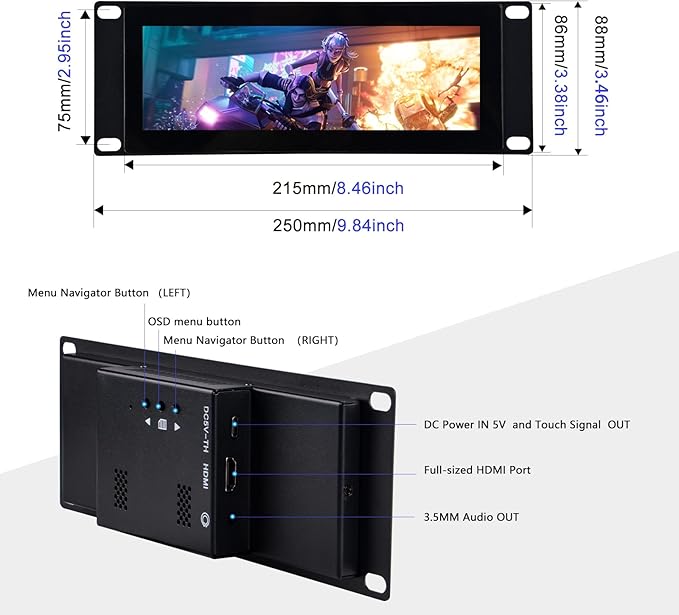 GeeekPi 7.84 inch 1280x400 LCD Touch Screen 2U Rack Mount Monitor