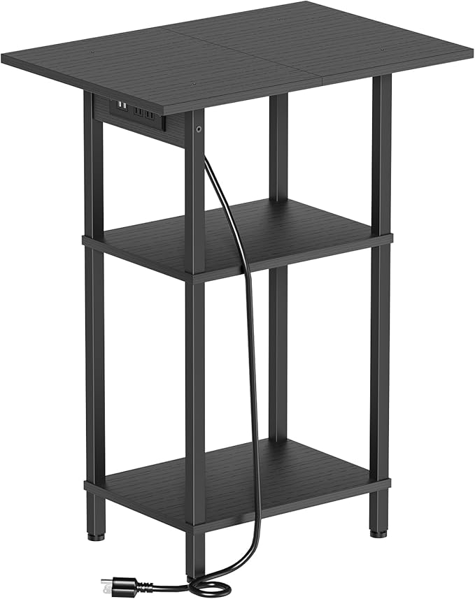 Asgolion Tall End Table with Charging Station, Skinny Nightstand with USB Ports