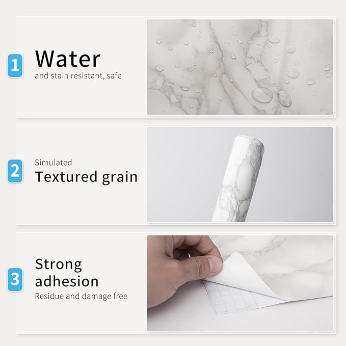 Art3d 120"x17.3" Self-Adhesive Wallpaper, Peel and Stick Grey Marble Paper