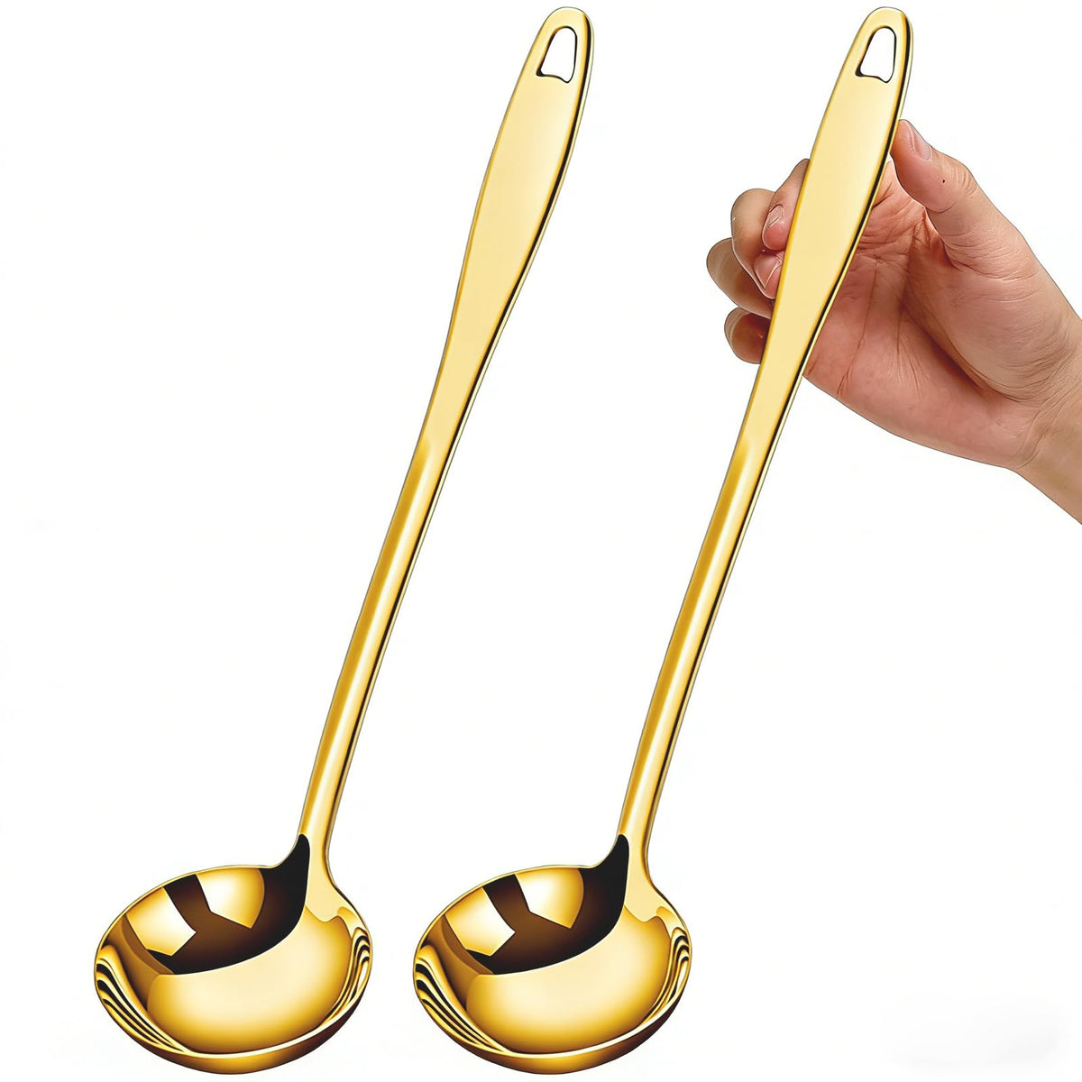 Soup Ladle, 2Pcs Stainless Steel Ladle spoon, 12.2Inch Metal Long Handle Serving Spoon for Cooking Buffet, Party, Kitchen, Gold