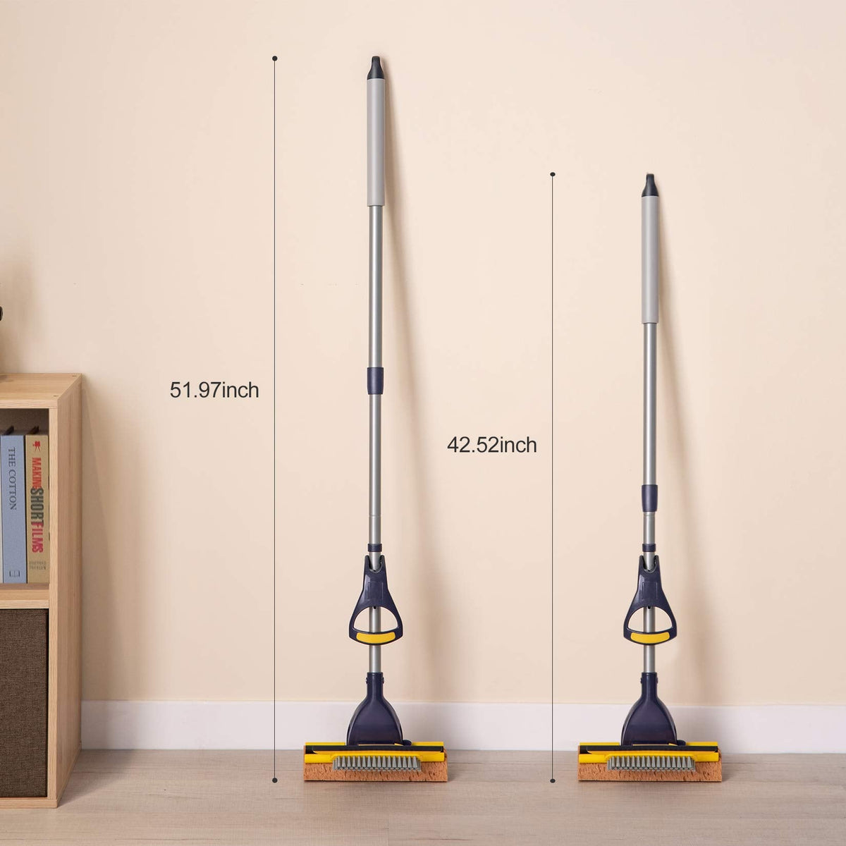 Yocada Sponge Mop Home Commercial Use Tile Floor Bathroom Garage Cleaning with Squeegee and Extendable Telescopic Long Handle 42-52 Inches Easily Dry Wringing
