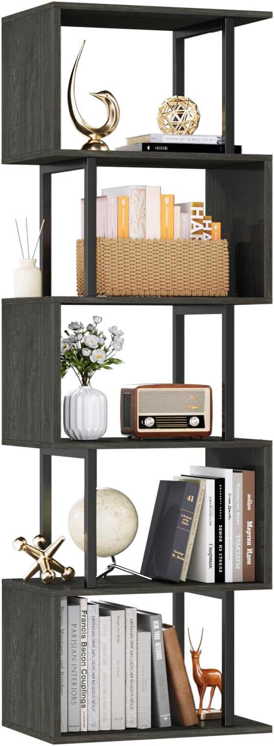 Furologee 6 Tier Bookshelf Tall Geometric Bookcase, S Shaped Industrial Display