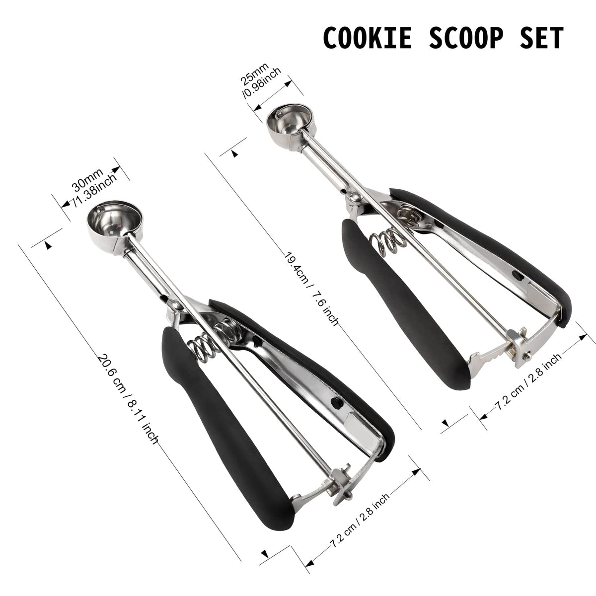 Small Cookie Scoop Set - 2 PCS Include 1 tsp / 2 tsp Cookie Dough Scoops, Cookies Scoops for Baking, Made of 18/8 Stainless Steel, Good Soft Grips, Quick Trigger Release