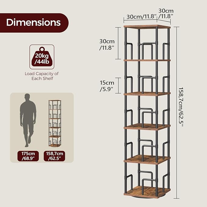 MAHANCRIS 5-Tier Rotating Bookshelf, Freestanding Corner Bookshelf, 360°
