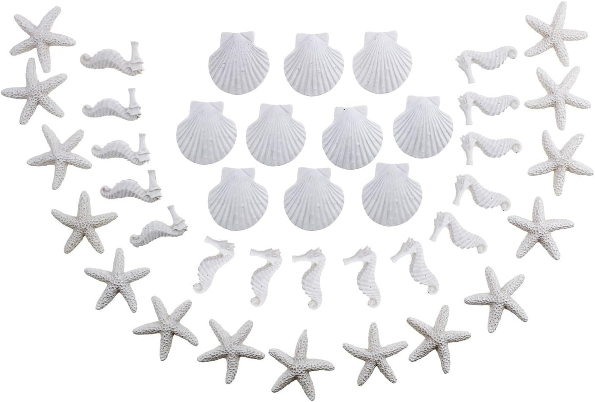 LJY 40 Pieces Mini 3cm White Resin Pencil Finger Starfish Seahorse & Seashells Set for Wedding Home Decor and Craft Project