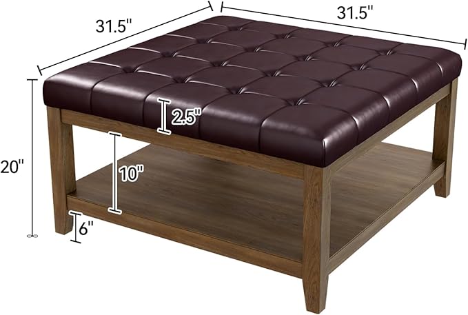 ABHENG 31.5” Large Square Storage Ottoman, Upholstery Solid Rubberwood Coffee