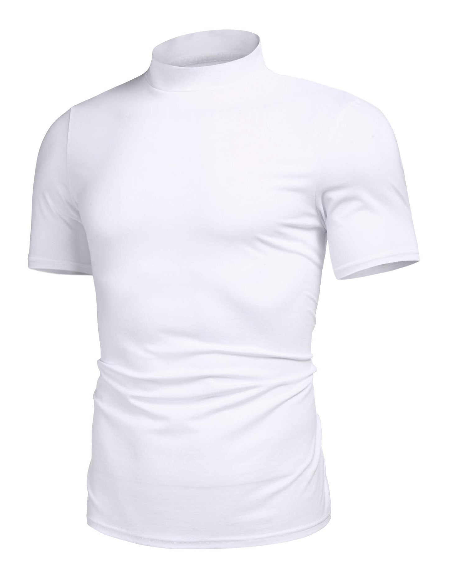 Men's Basic Turtleneck Pullover Tops Melange Colored Slim Fit Short Sleeve T Shirt White M