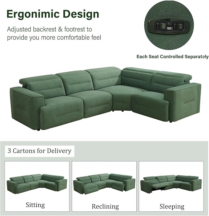 Power Recliner Sectional Sofa, L-Shaped Living Room Furniture Set, Reclining
