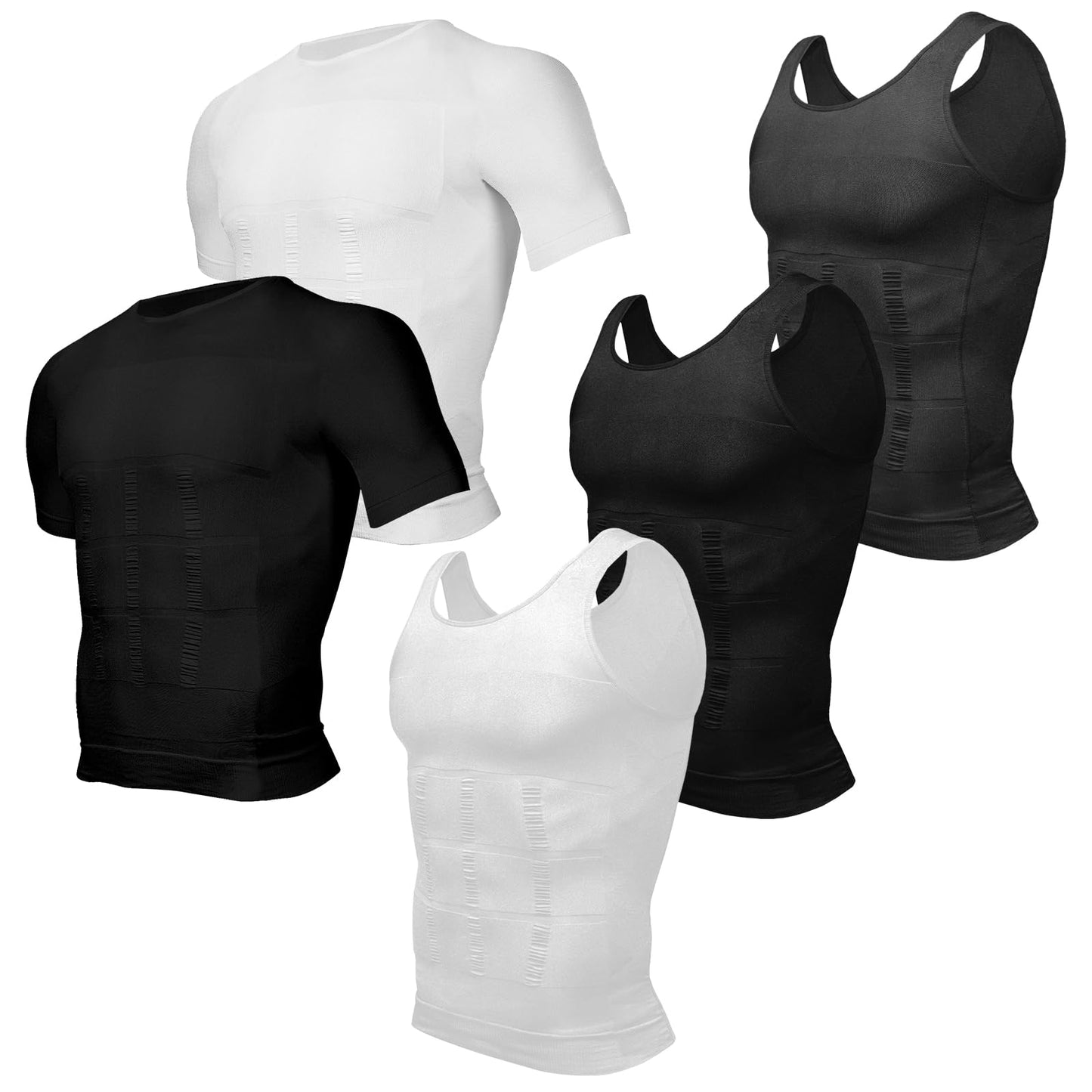 Odoland 5 Pack Men's Compression Shirt Short Sleeve Vest Set, Body Shaper Tummy Slimming Shapewear Tank Top Base Layer for Sport,1 Black/White/Grey Tank Top and 1 Black/White Short Sleeve,L
