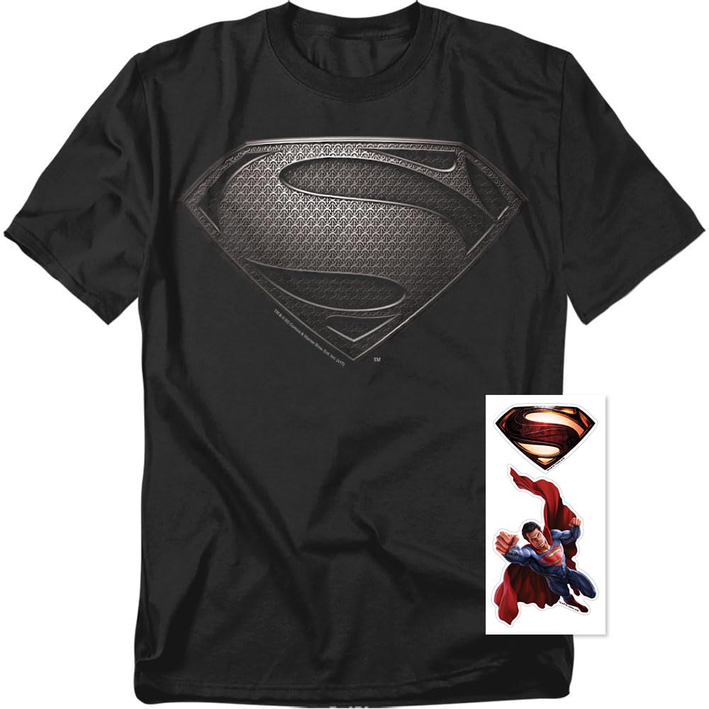 Popfunk Superman Man of Steel Movie Gray Shield Black T Shirt (Large)