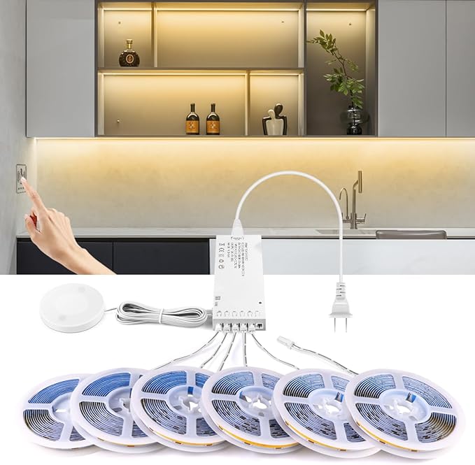 AIMENGTE 12V COB LED Cabinet Lights Strip, 6 x 3.3ft Touch Dimmable 3000K