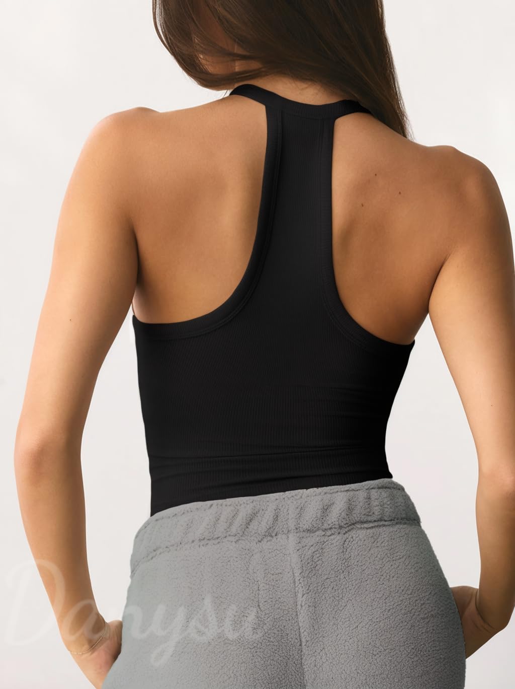 Danysu V Neck Racerback Tank Top for Women with Built in Bra Ribbed Long Tank Fitted Basic Cami Tops Black M